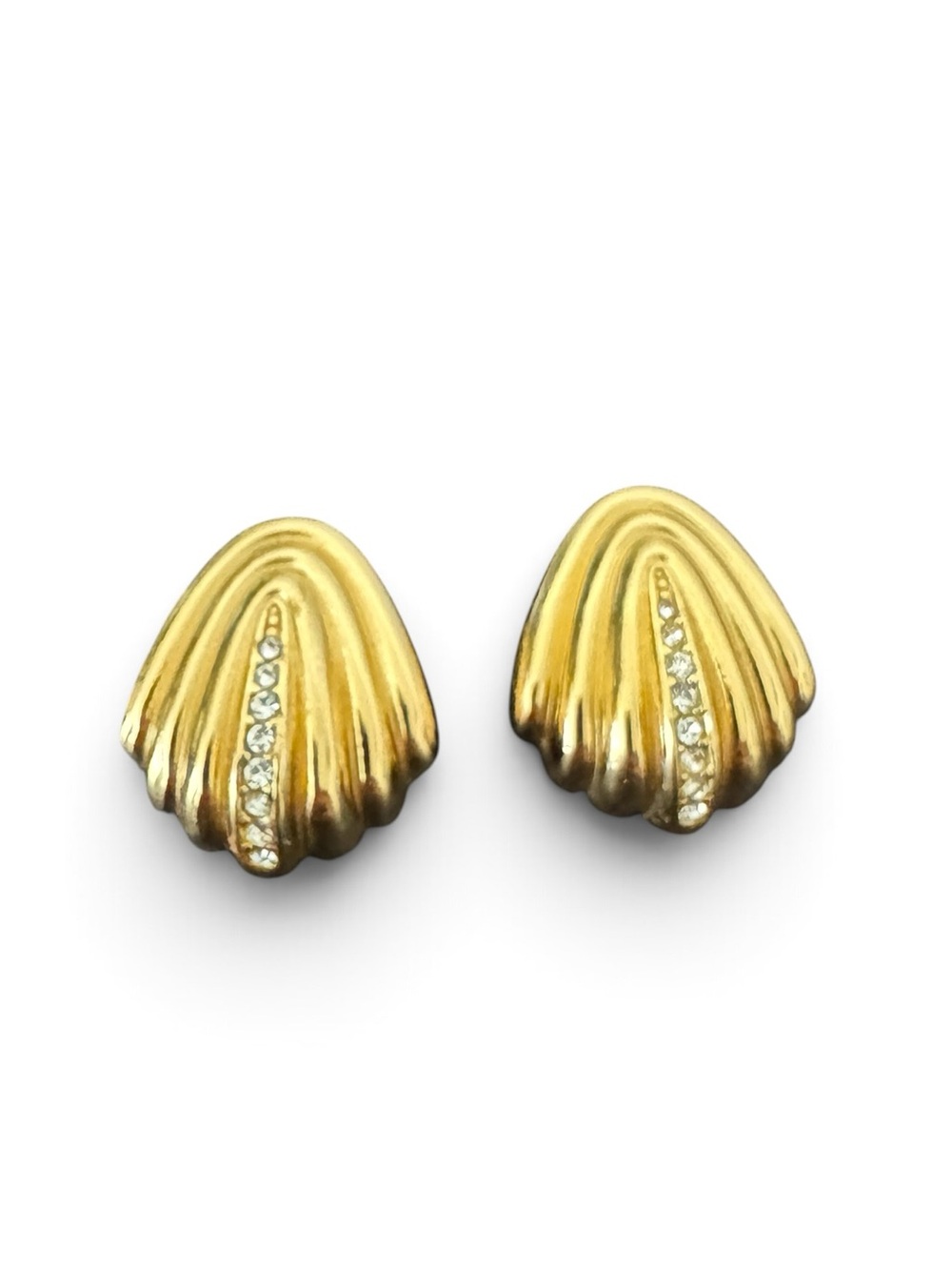 Vintage Christian Dior Gold Crystal Shell Fan Clip On Earrings